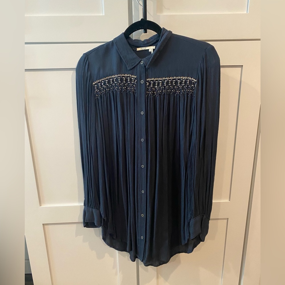 Anthropologie navy button down with beading detail